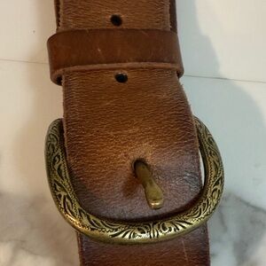 Frye Tan Leather Belt with Ornate Gold Buckle